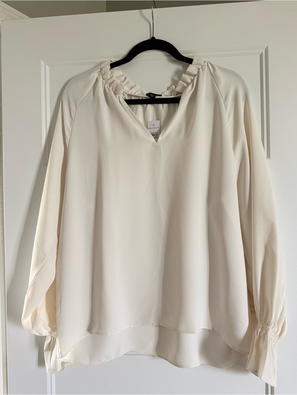 Ann Taylor Cream Ruffle-Trim Long Sleeve Blouse